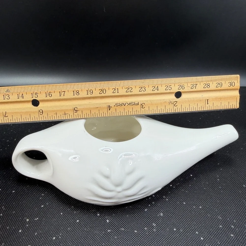 Himalayan Institute Varcho Veda Ceramic Neti Pot White Lotus Flower Design 7in